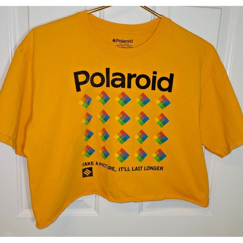 Polaroid Shirt Women's Medium Yellow‎ Logo Take A Picture Crop Top Short Sleeve
